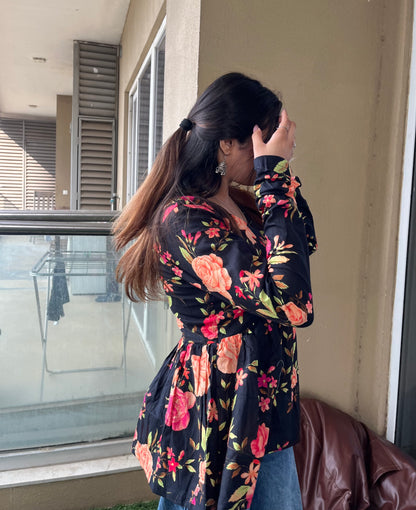 Black Bouquet Peplum Short Kurti