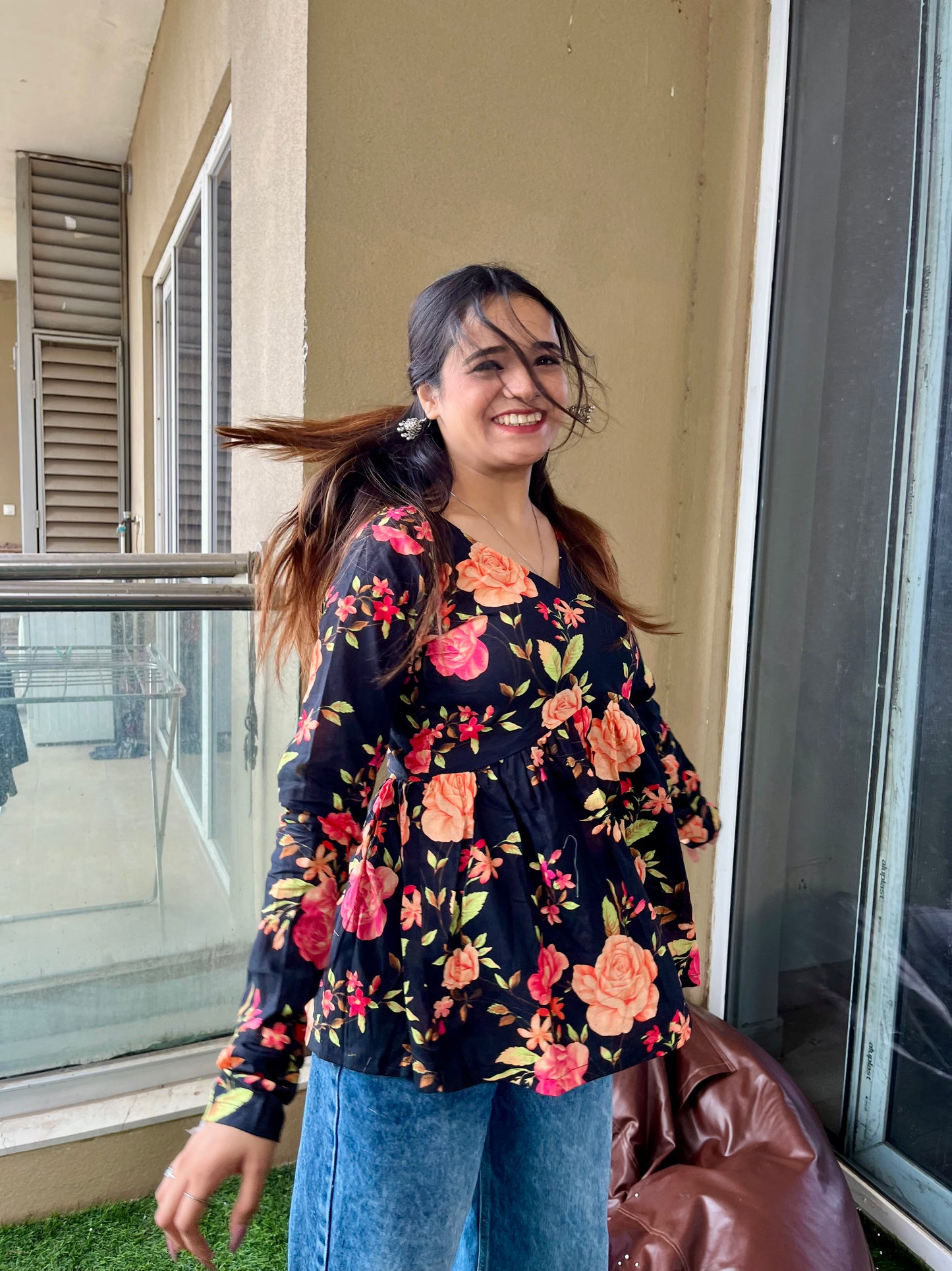 Black Bouquet Peplum Short Kurti