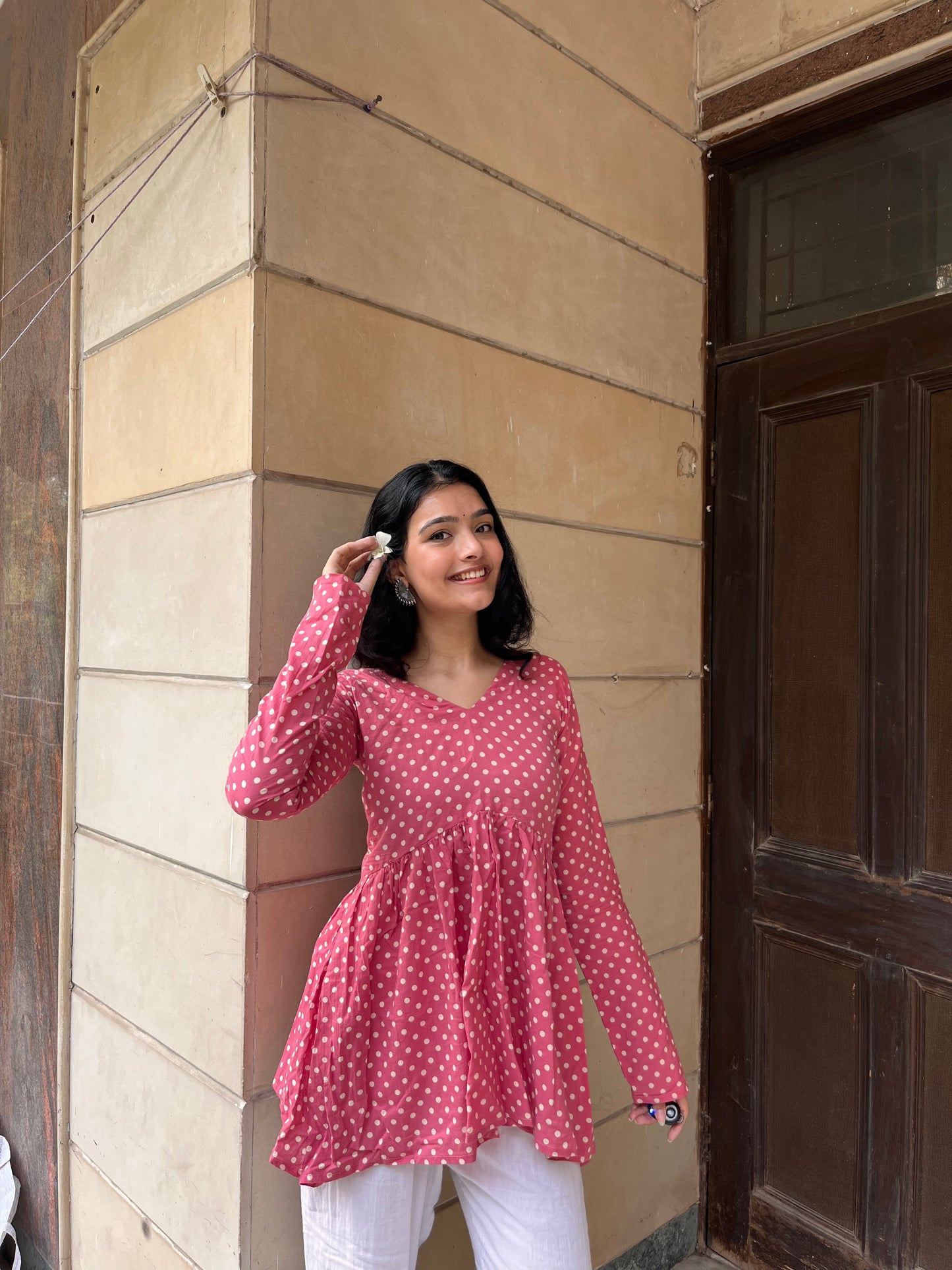 Pink Polka Dot Short Kurti
