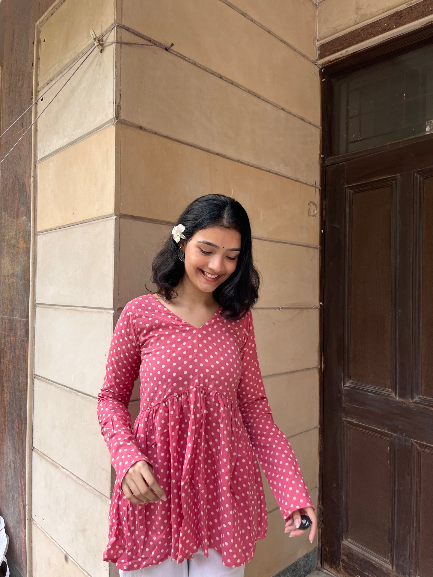 Pink Polka Dot Short Kurti