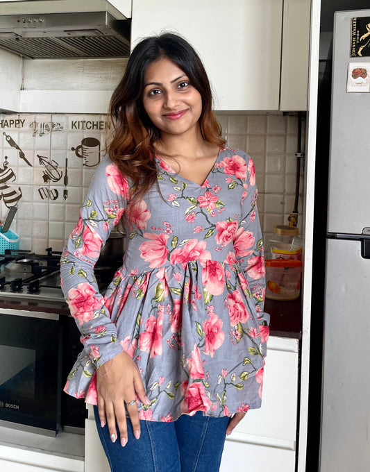 Grey Floral Peplum Short Kurti