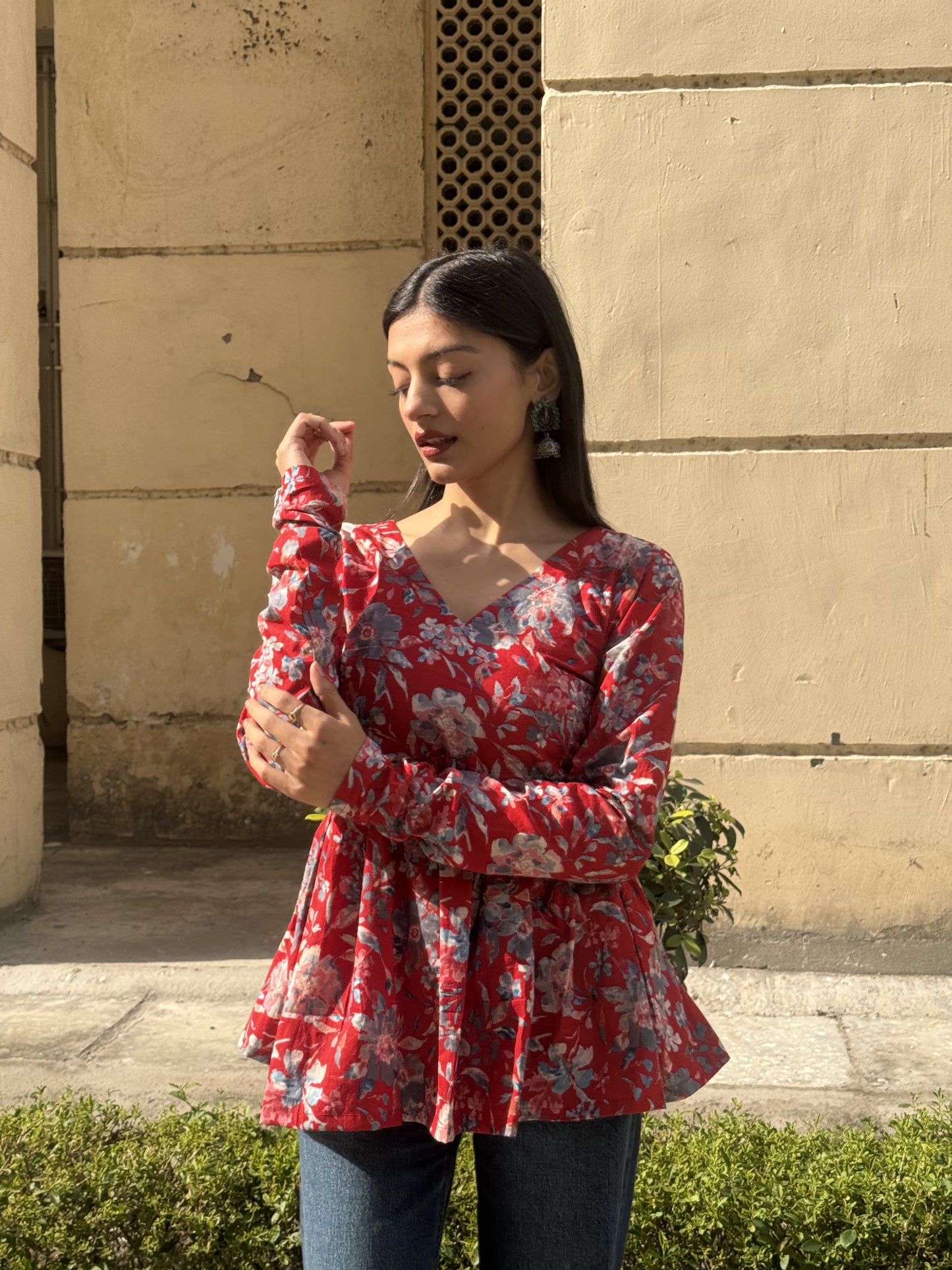 Red Flower Peplum Short Kurti Top