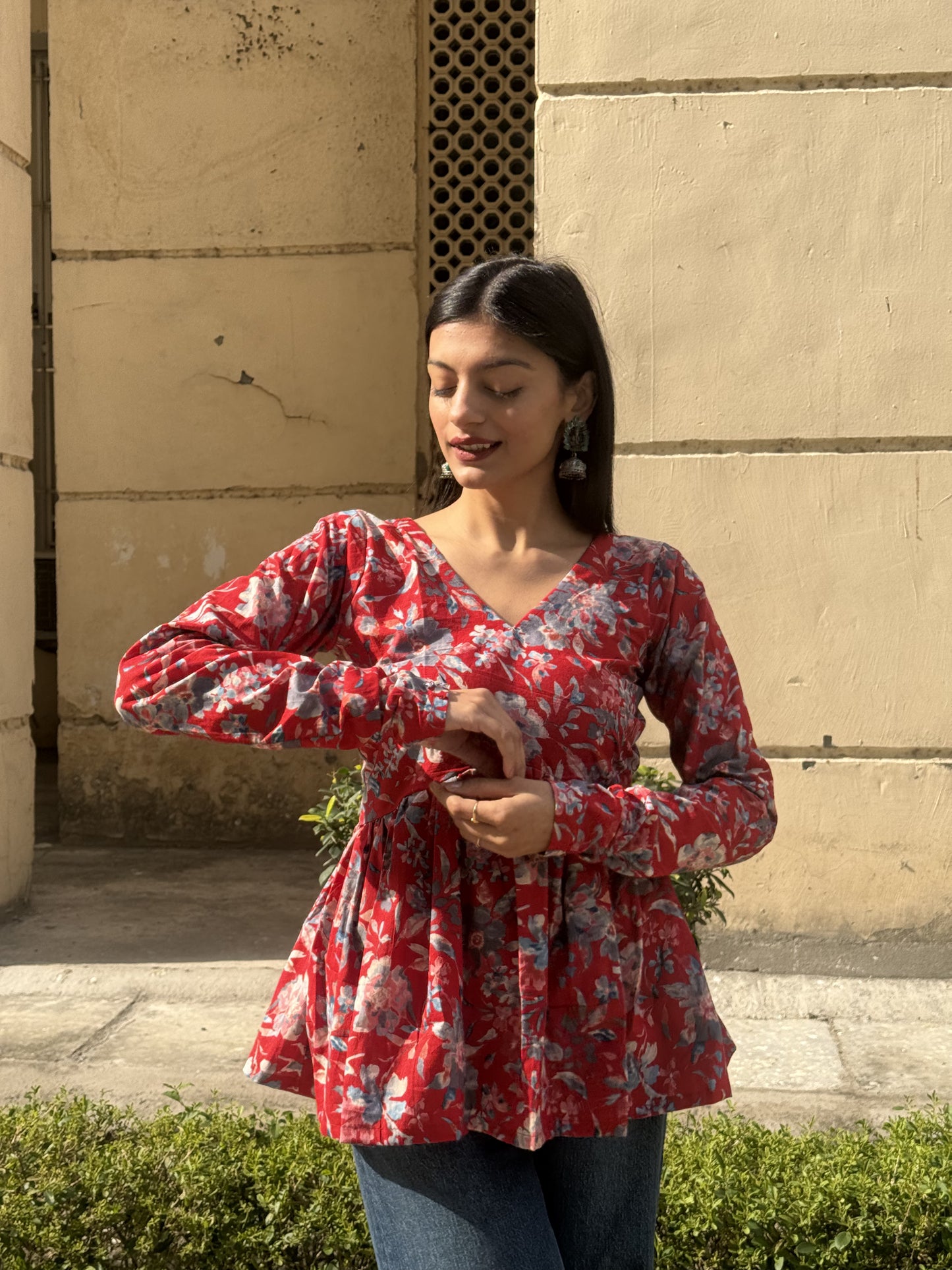 Red Flower Peplum Short Kurti Top