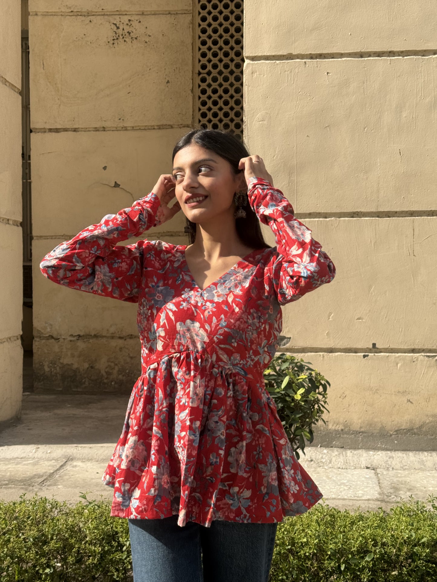 Red Flower Peplum Short Kurti Top