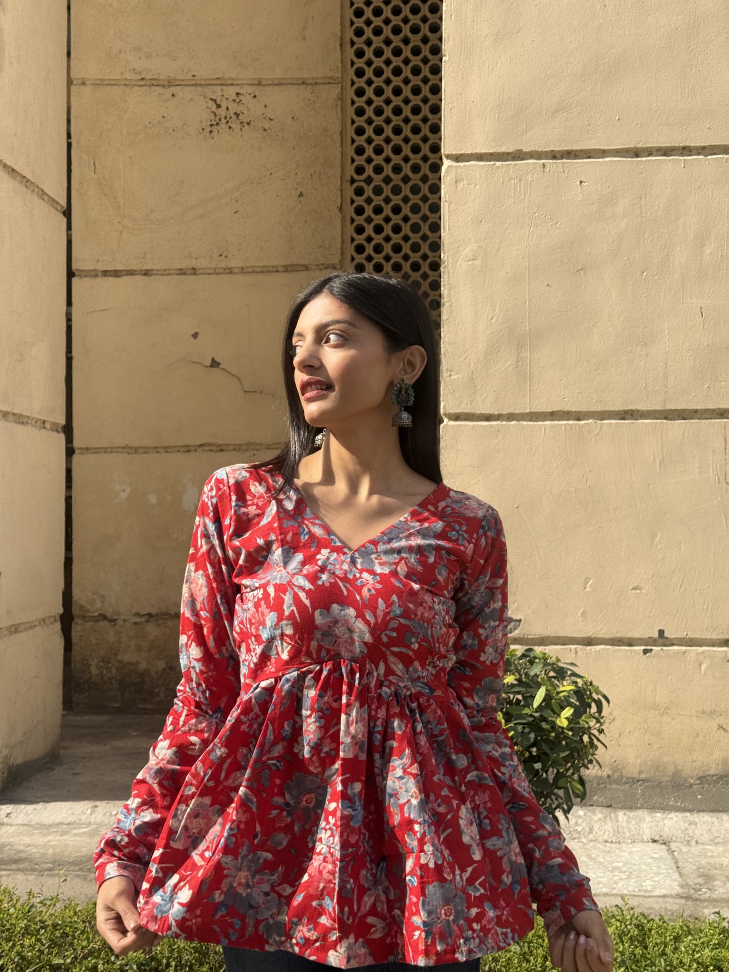 Red Flower Peplum Short Kurti Top