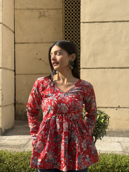 Red Flower Peplum Short Kurti Top