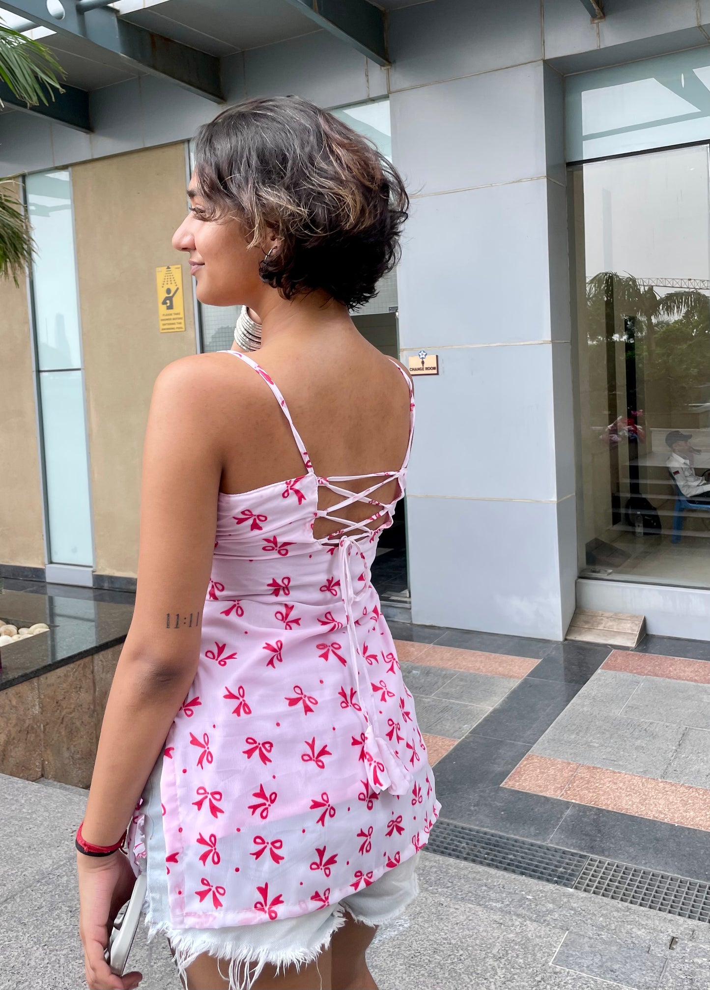 Handpainted Bow Noodle Strap Backless Kurti