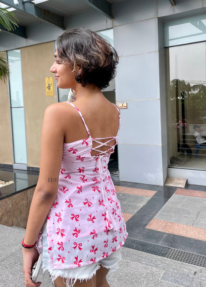 Handpainted Bow Noodle Strap Backless Kurti