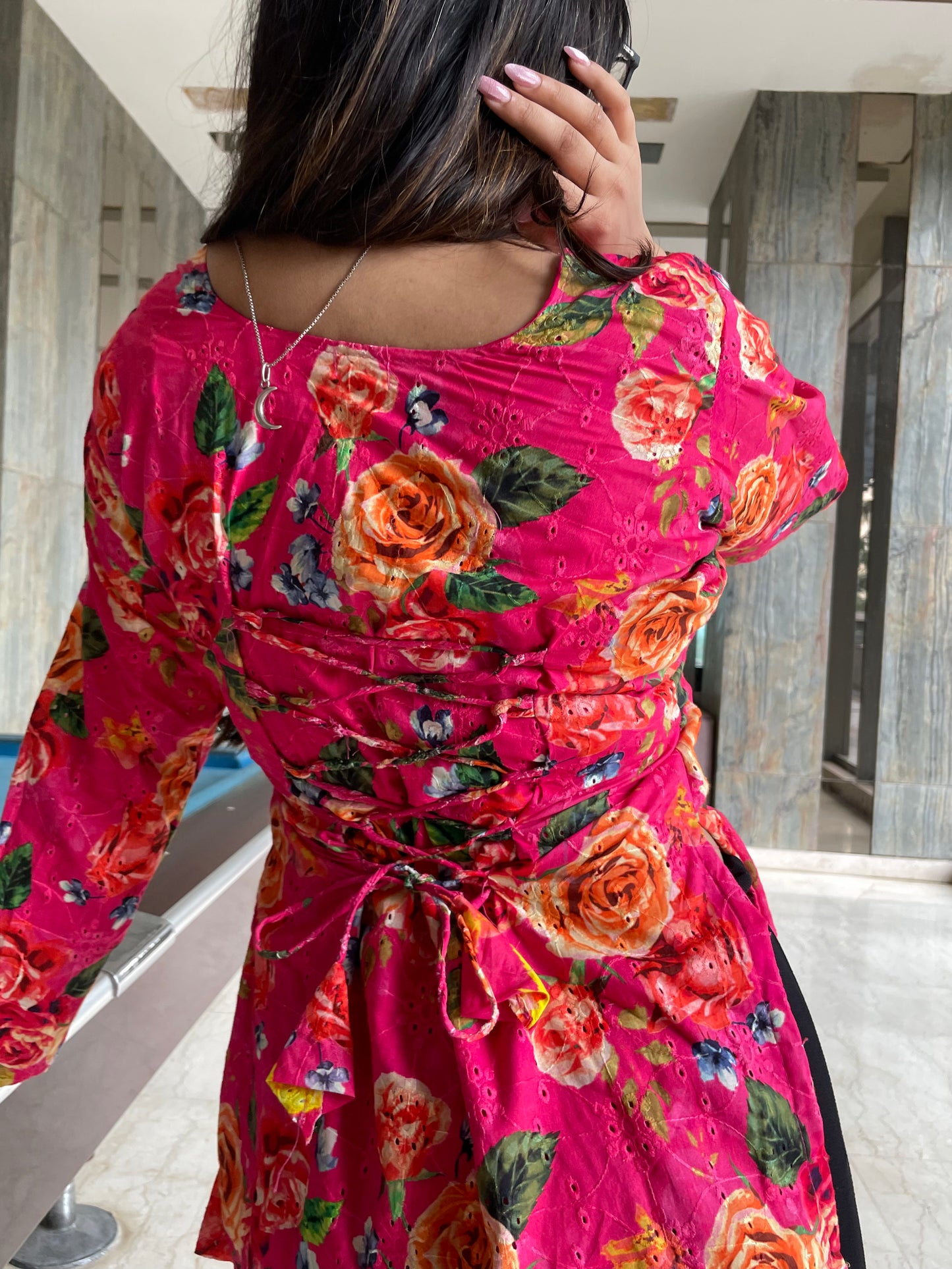 Pink Hakoba Floral Corset Back Short Kurti