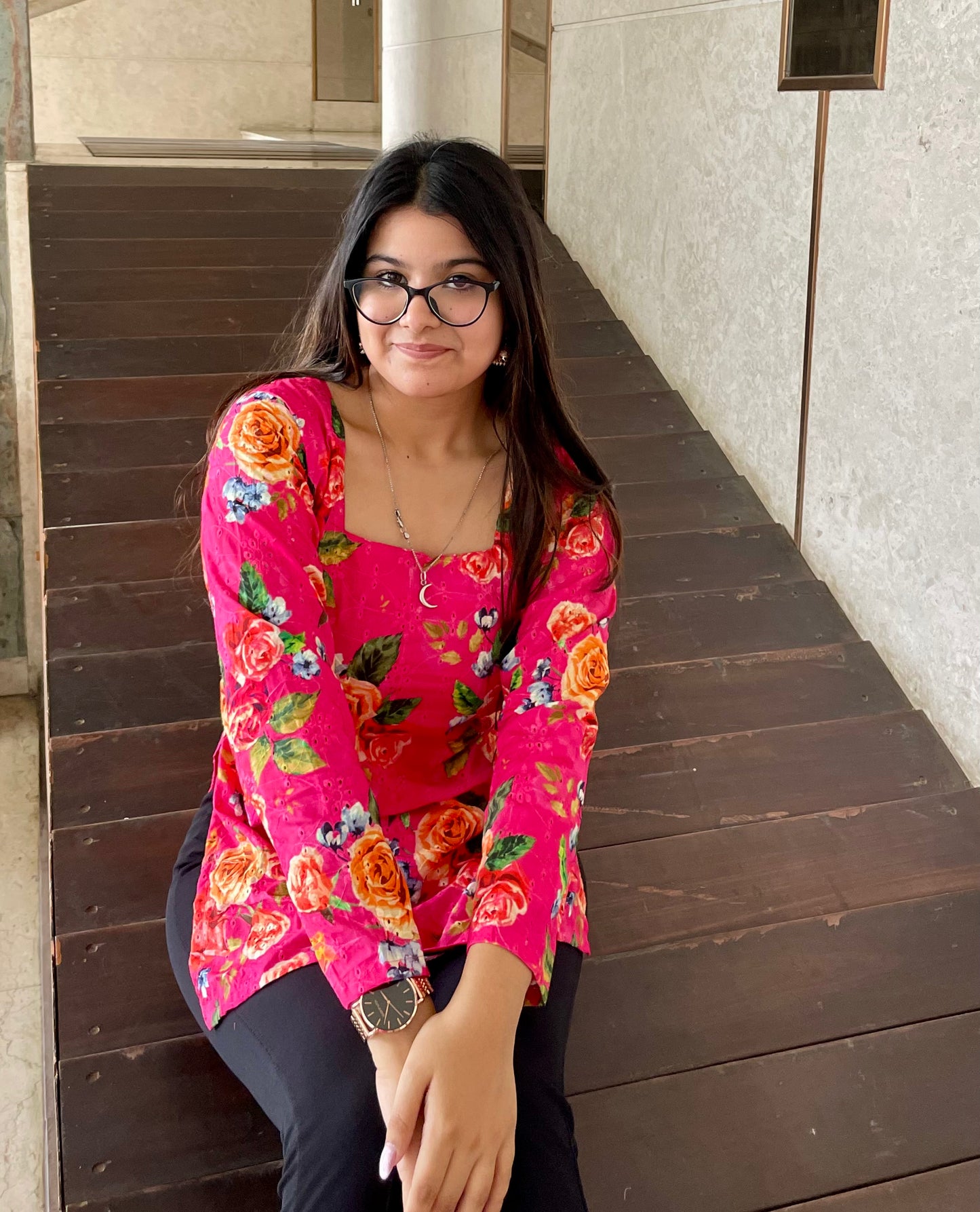 Pink Hakoba Floral Corset Back Short Kurti