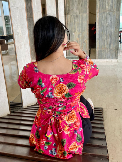 Pink Hakoba Floral Corset Back Short Kurti