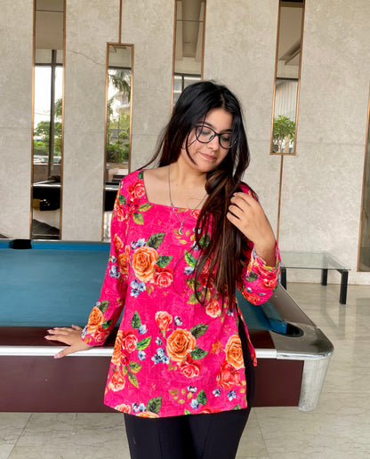 Pink Hakoba Floral Corset Back Short Kurti