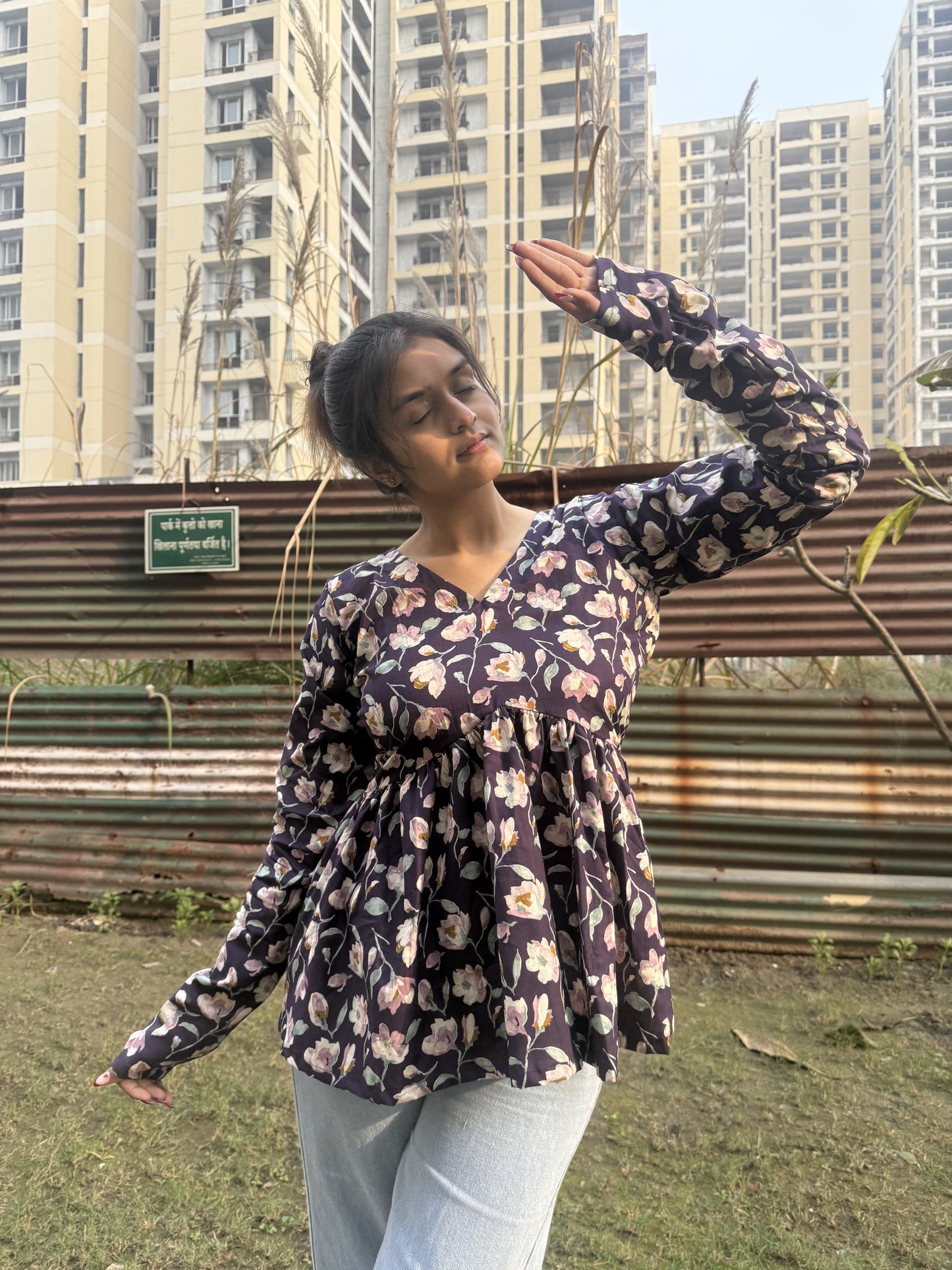 Purple Flora Short Kurti Top