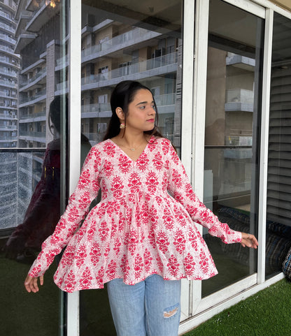 White & Red Peplum Short Kurti