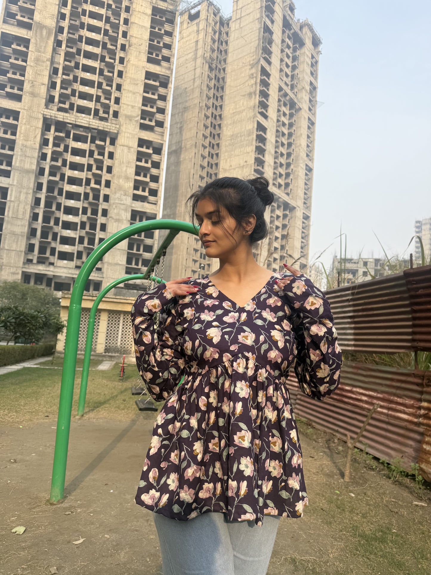 Purple Flora Short Kurti Top