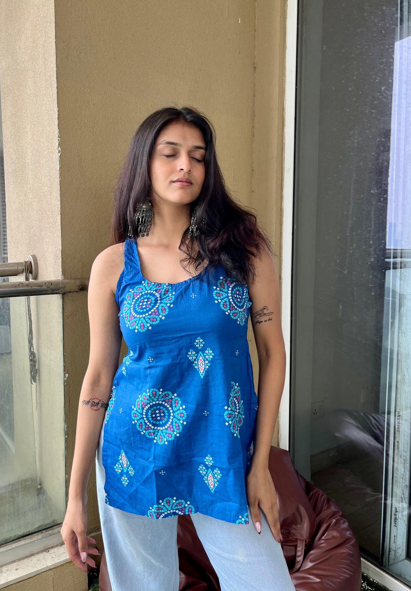 Blue Drama Backless Straight Short Kurti