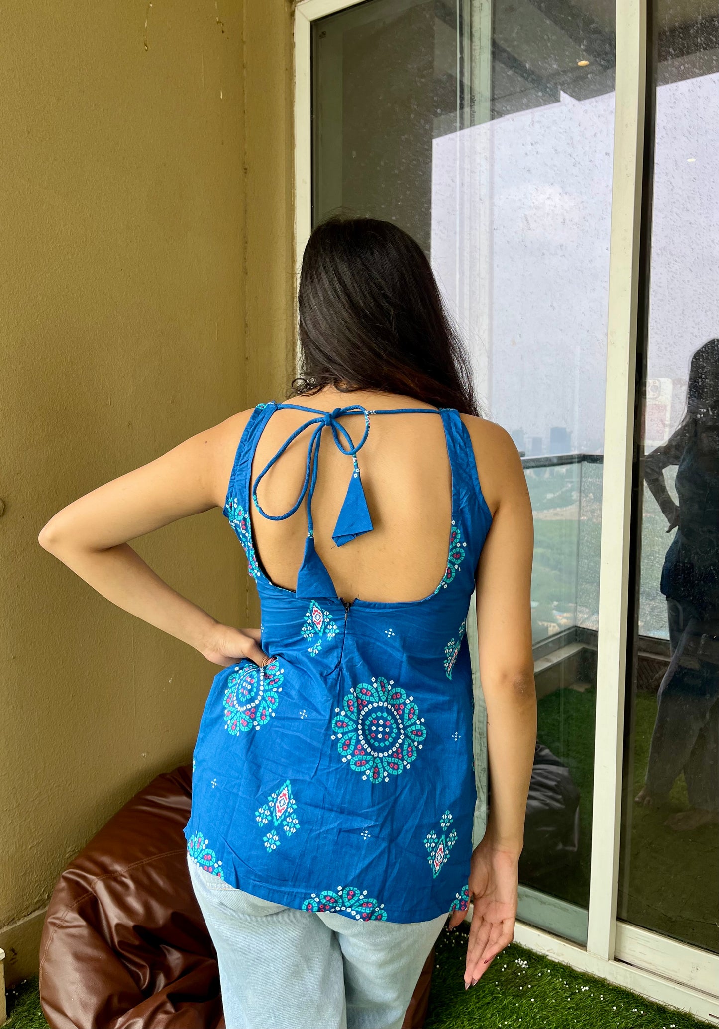 Blue Drama Backless Straight Short Kurti