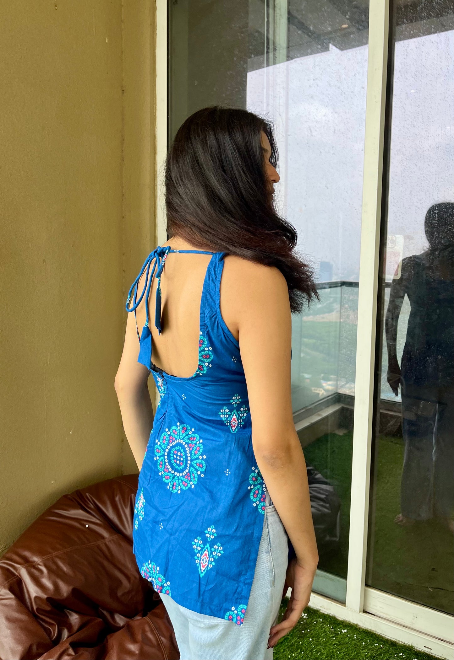 Blue Drama Backless Straight Short Kurti