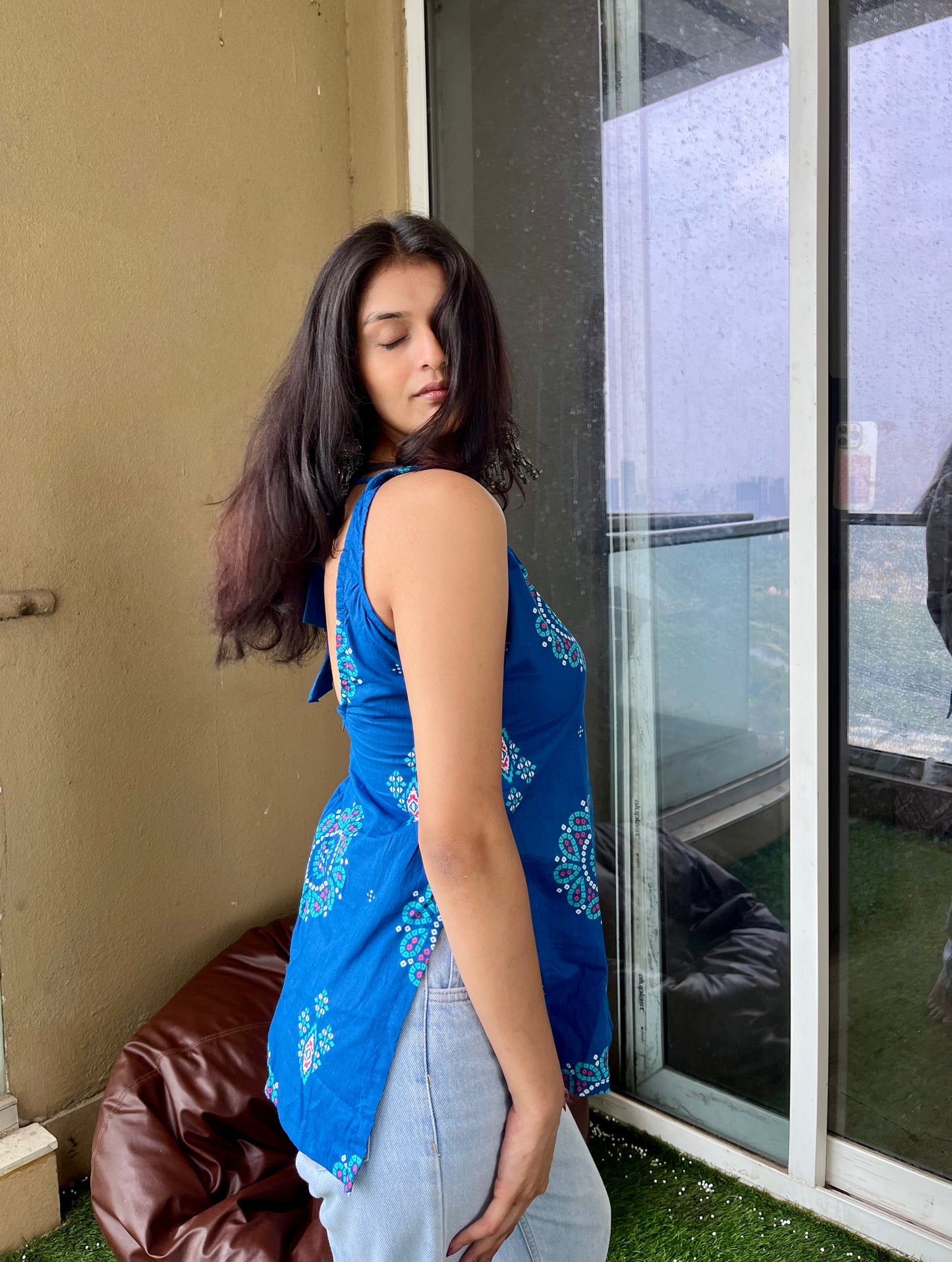 Blue Drama Backless Straight Short Kurti