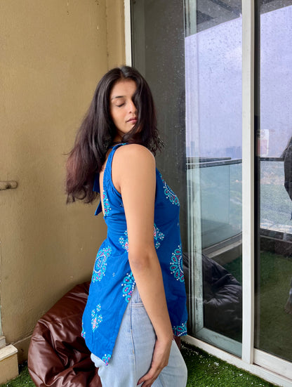 Blue Drama Backless Straight Short Kurti