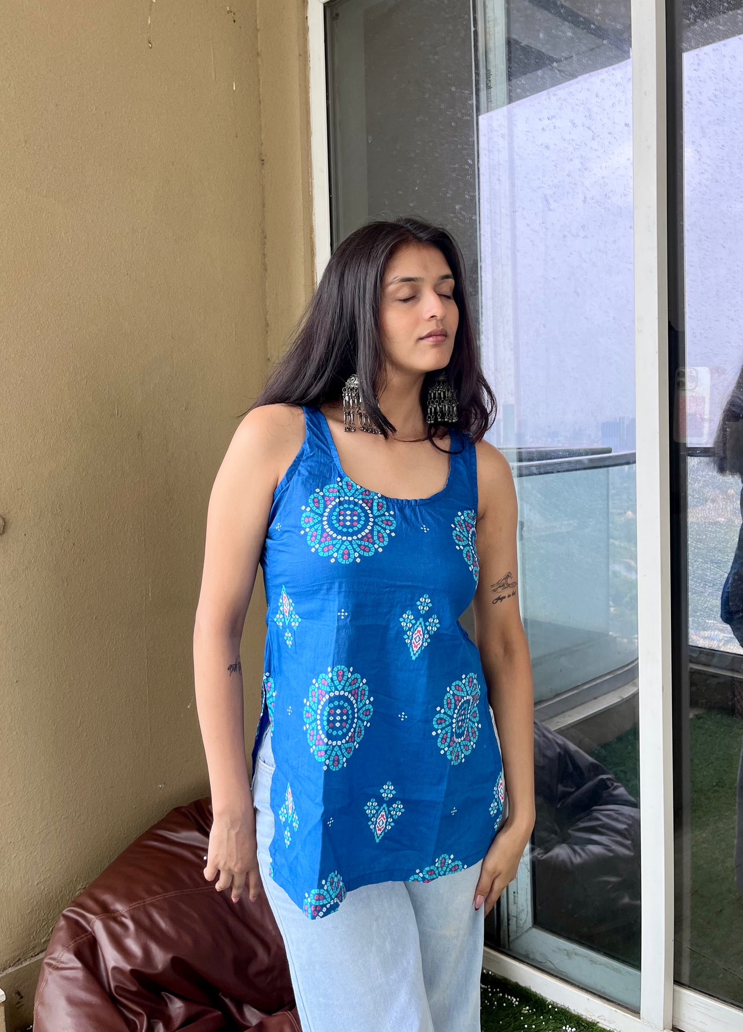 Blue Drama Backless Straight Short Kurti