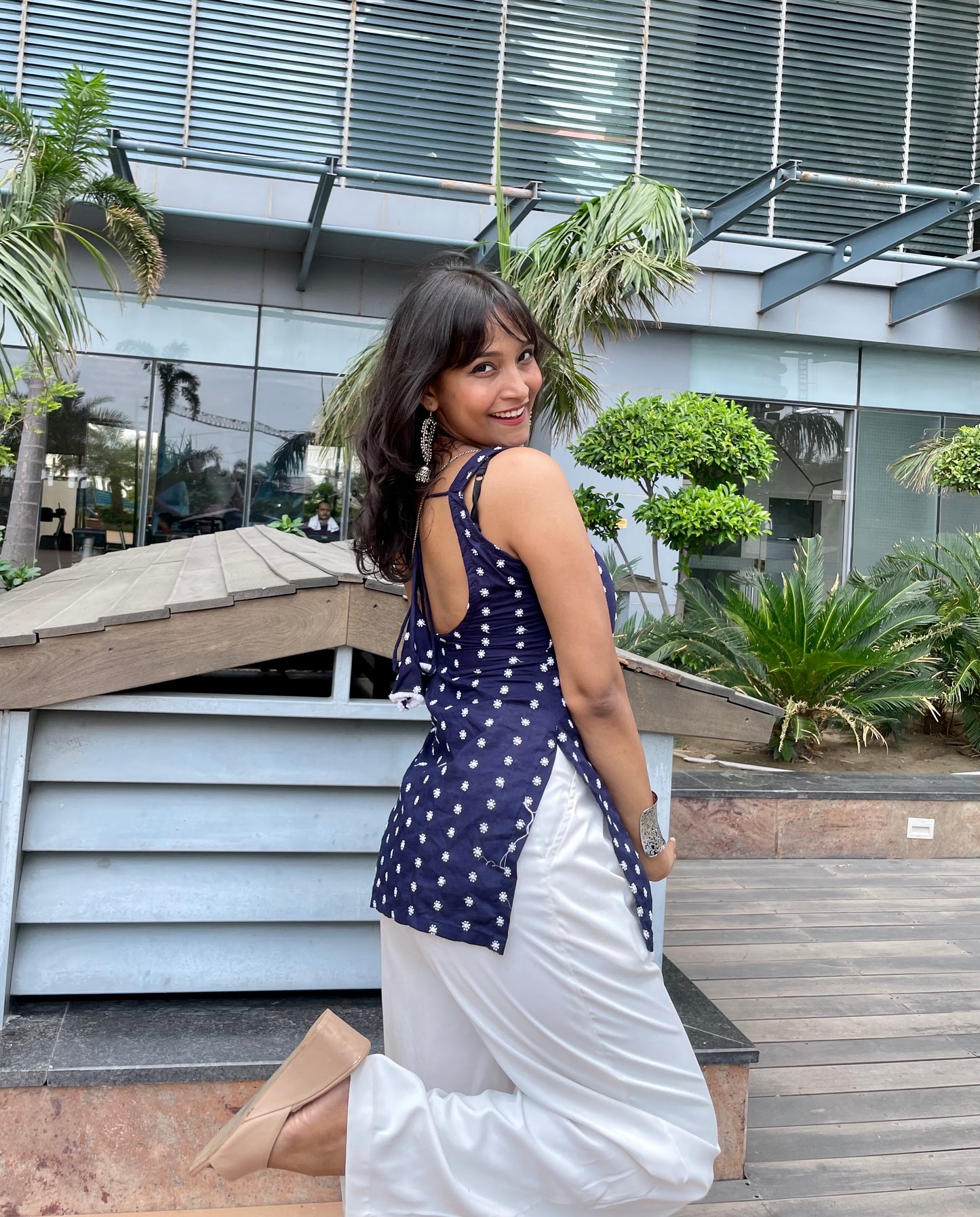 Desi Blue Embroided Backless Short Kurti