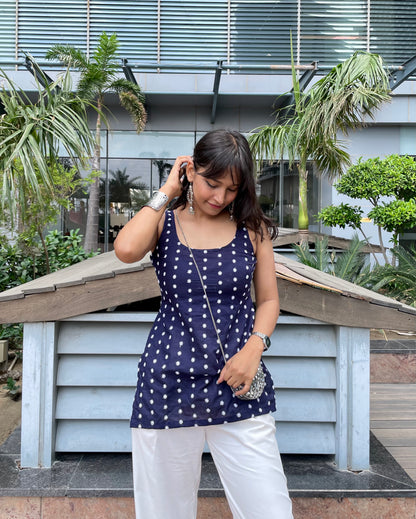 Desi Blue Embroided Backless Short Kurti