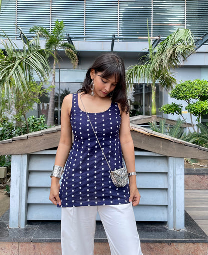 Desi Blue Embroided Backless Short Kurti