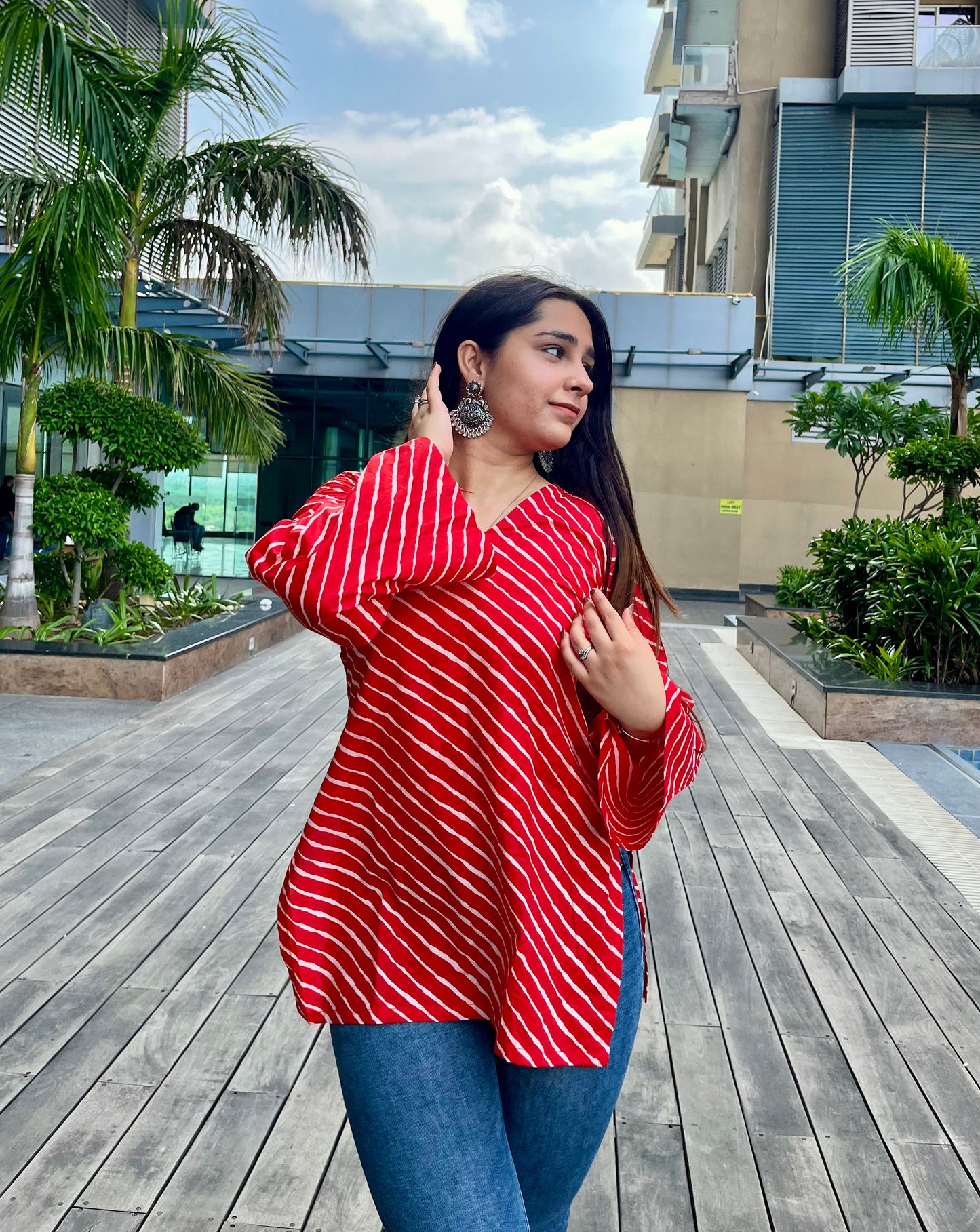 Red Lehriya Backless Straight Short Kurti