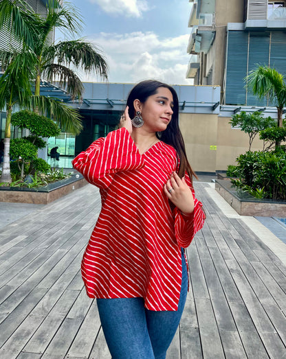 Red Lehriya Backless Straight Short Kurti