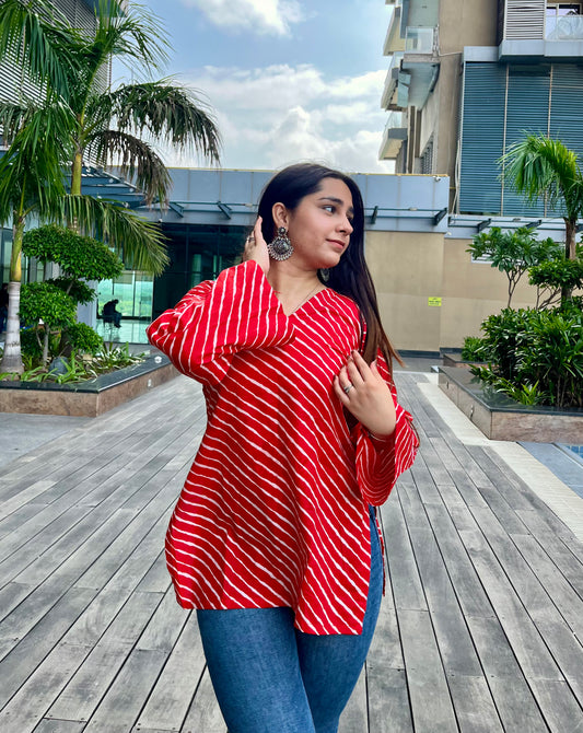 Red Lehriya Backless Straight Short Kurti