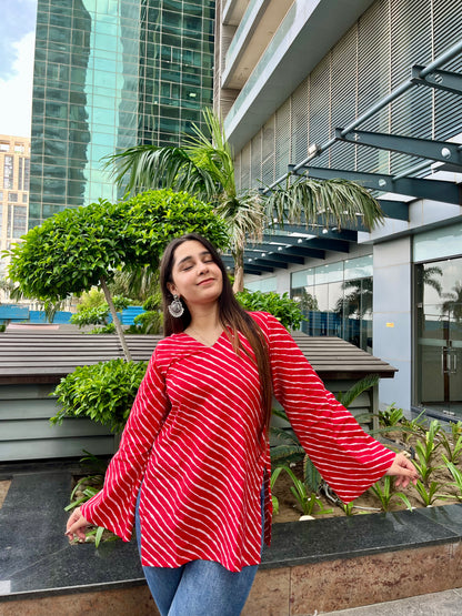 Red Lehriya Backless Straight Short Kurti