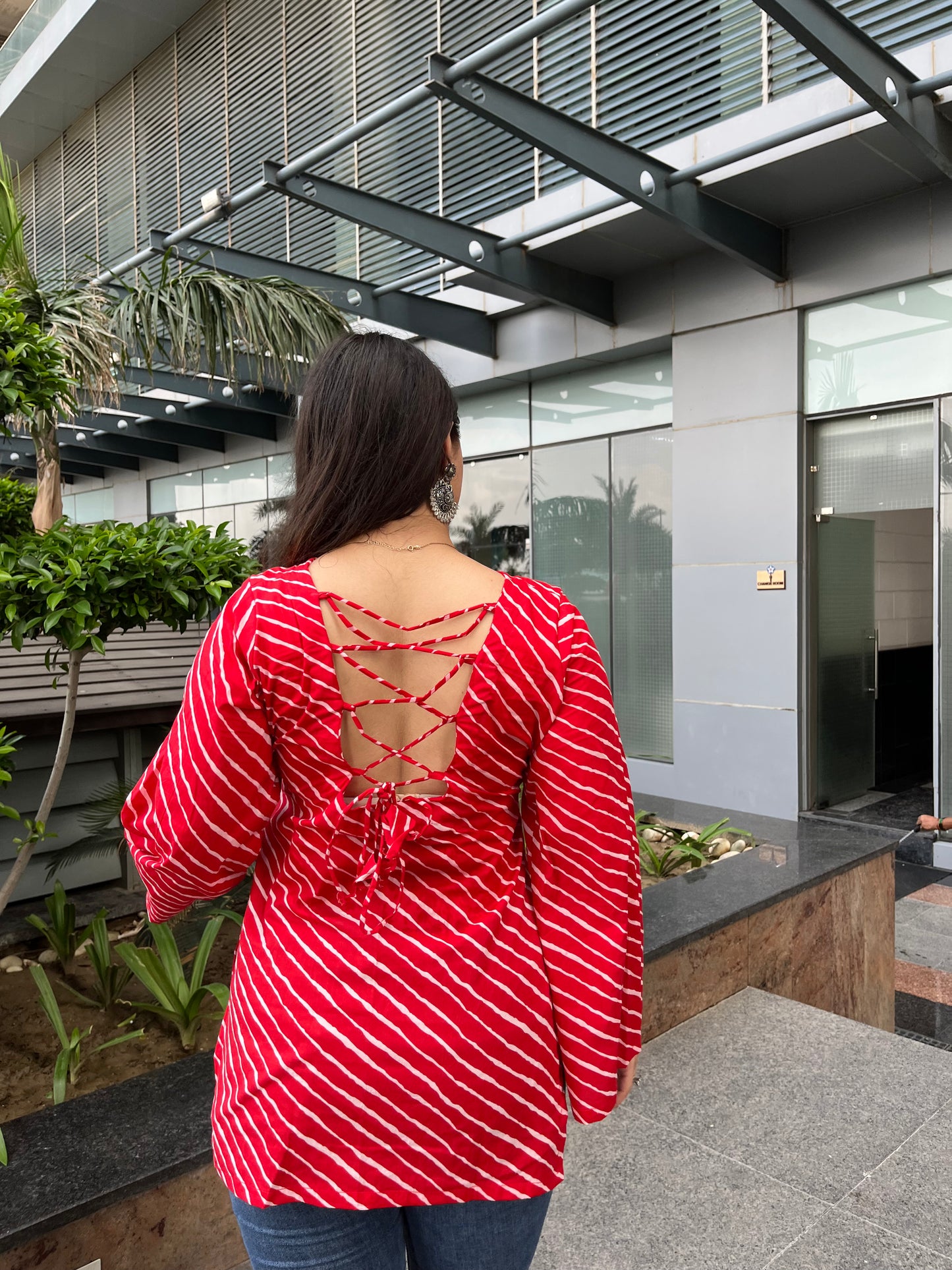 Red Lehriya Backless Straight Short Kurti