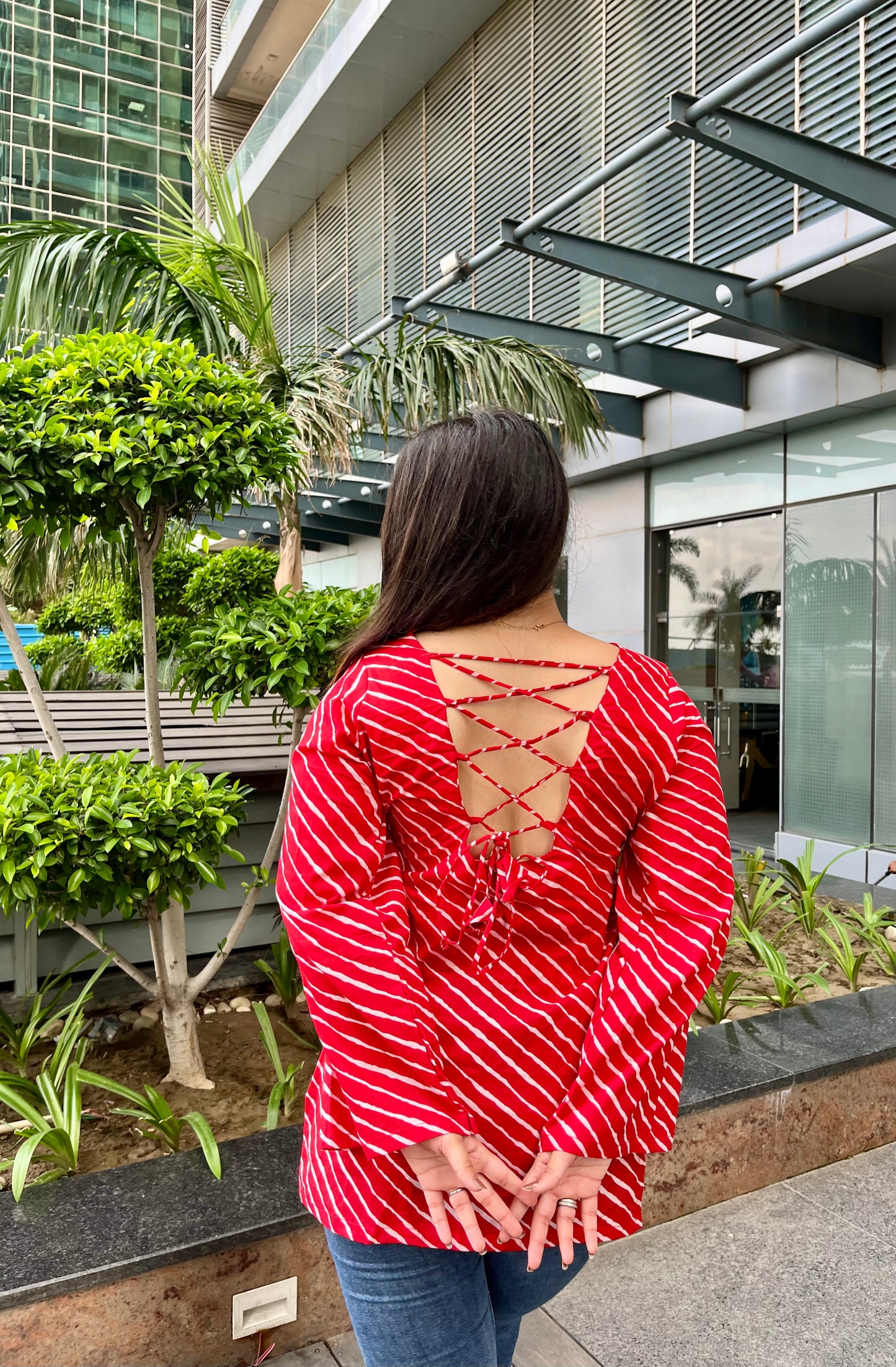 Red Lehriya Backless Straight Short Kurti