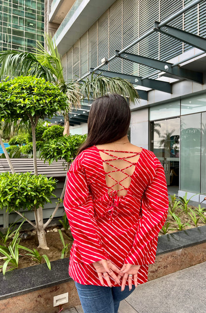 Red Lehriya Backless Straight Short Kurti