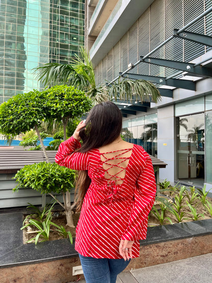 Red Lehriya Backless Straight Short Kurti