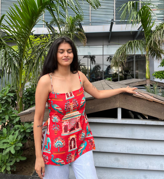 Red Mor Strappy Backless Short Kurti