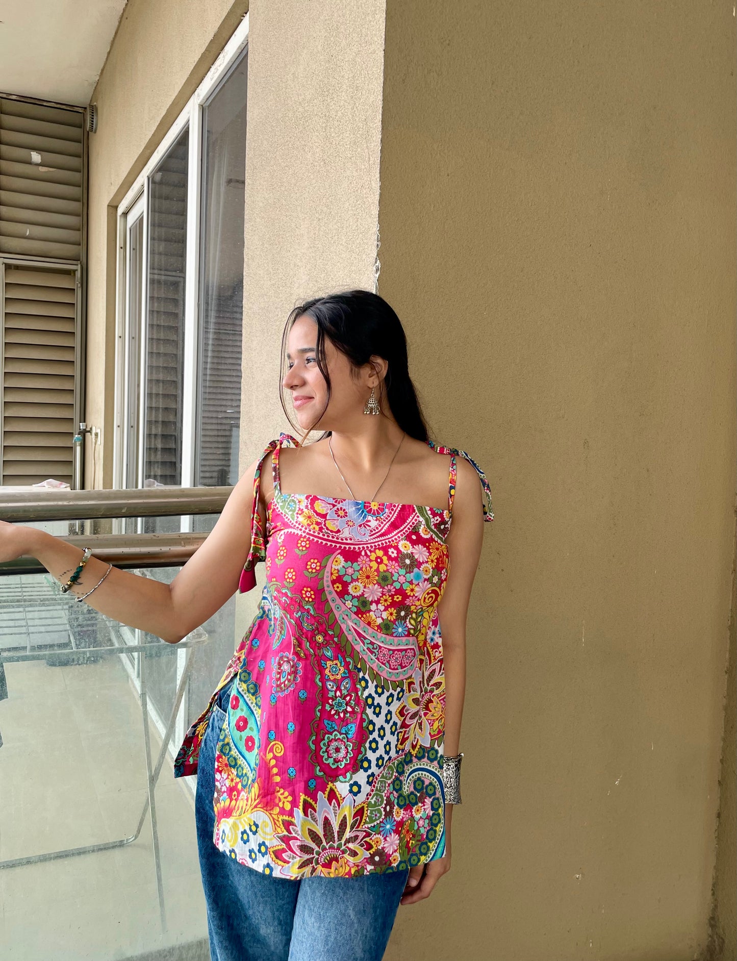 Pink Touch Noodle Strap Short Kurti