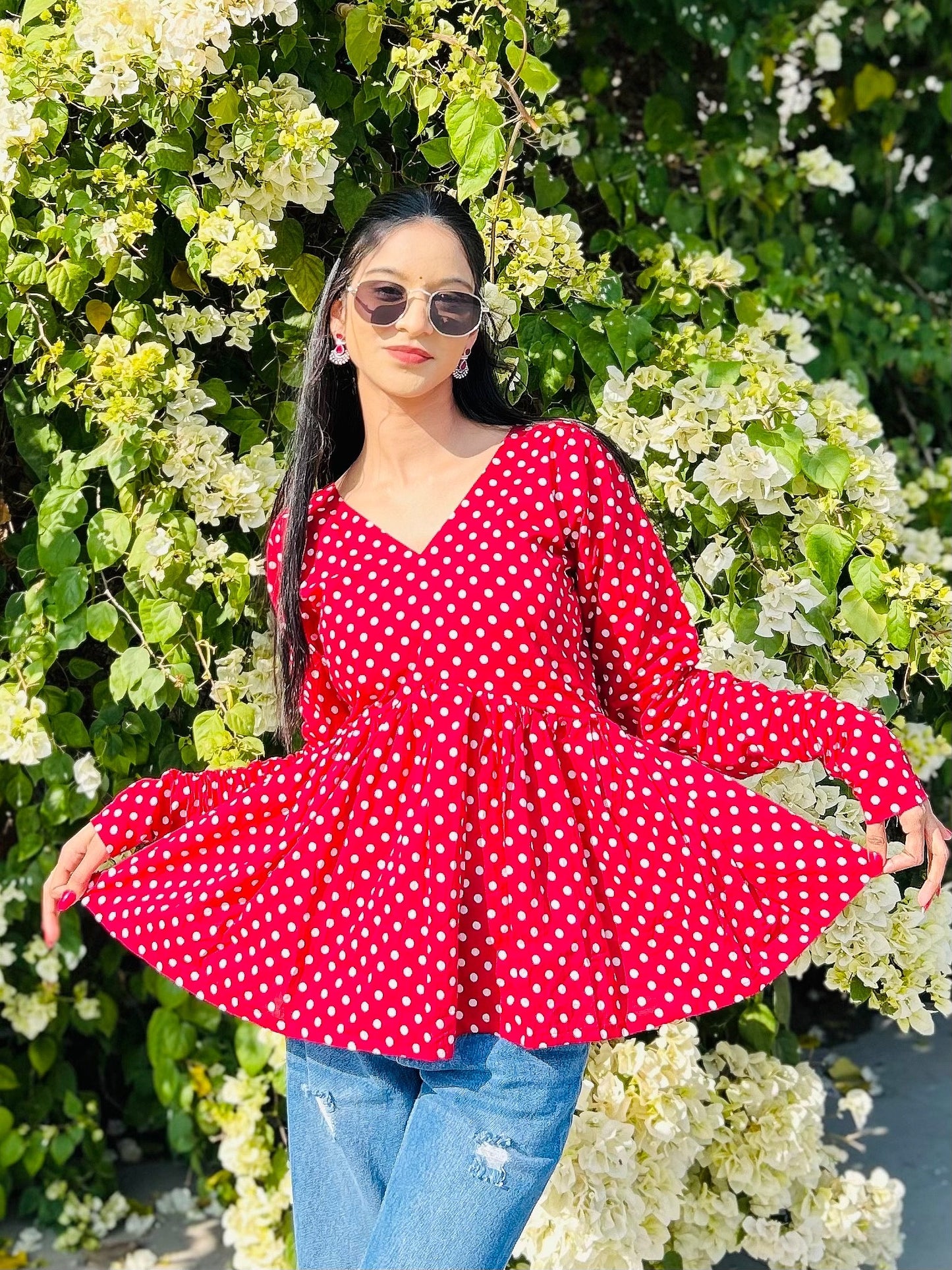 Maroon Polka Dot Peplum Short Kurti