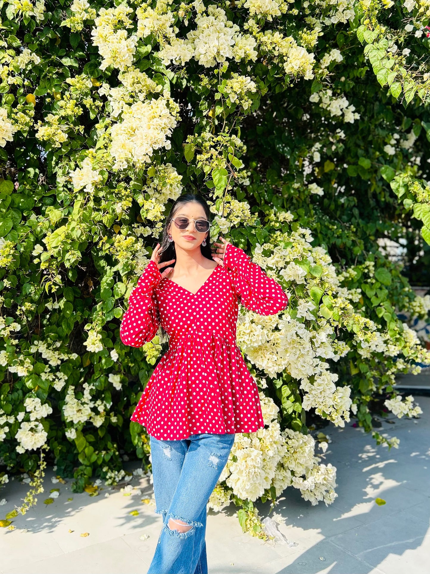 Maroon Polka Dot Peplum Short Kurti