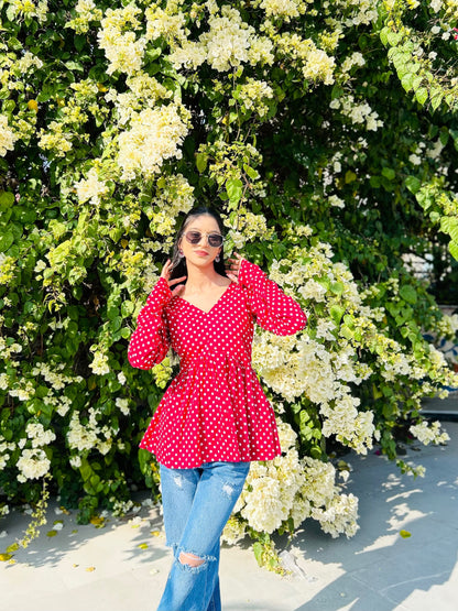 Maroon Polka Dot Peplum Short Kurti