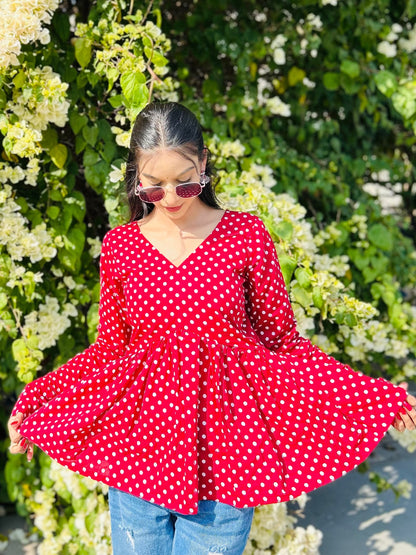 Maroon Polka Dot Peplum Short Kurti