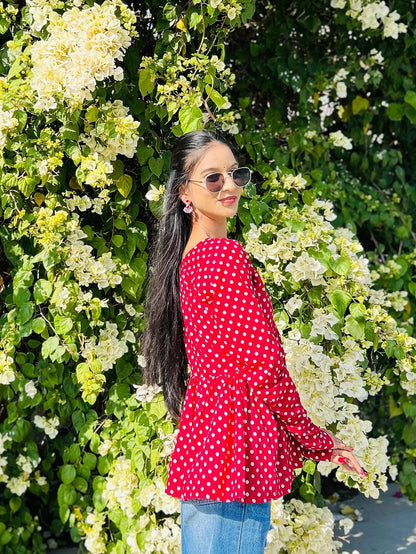 Maroon Polka Dot Peplum Short Kurti