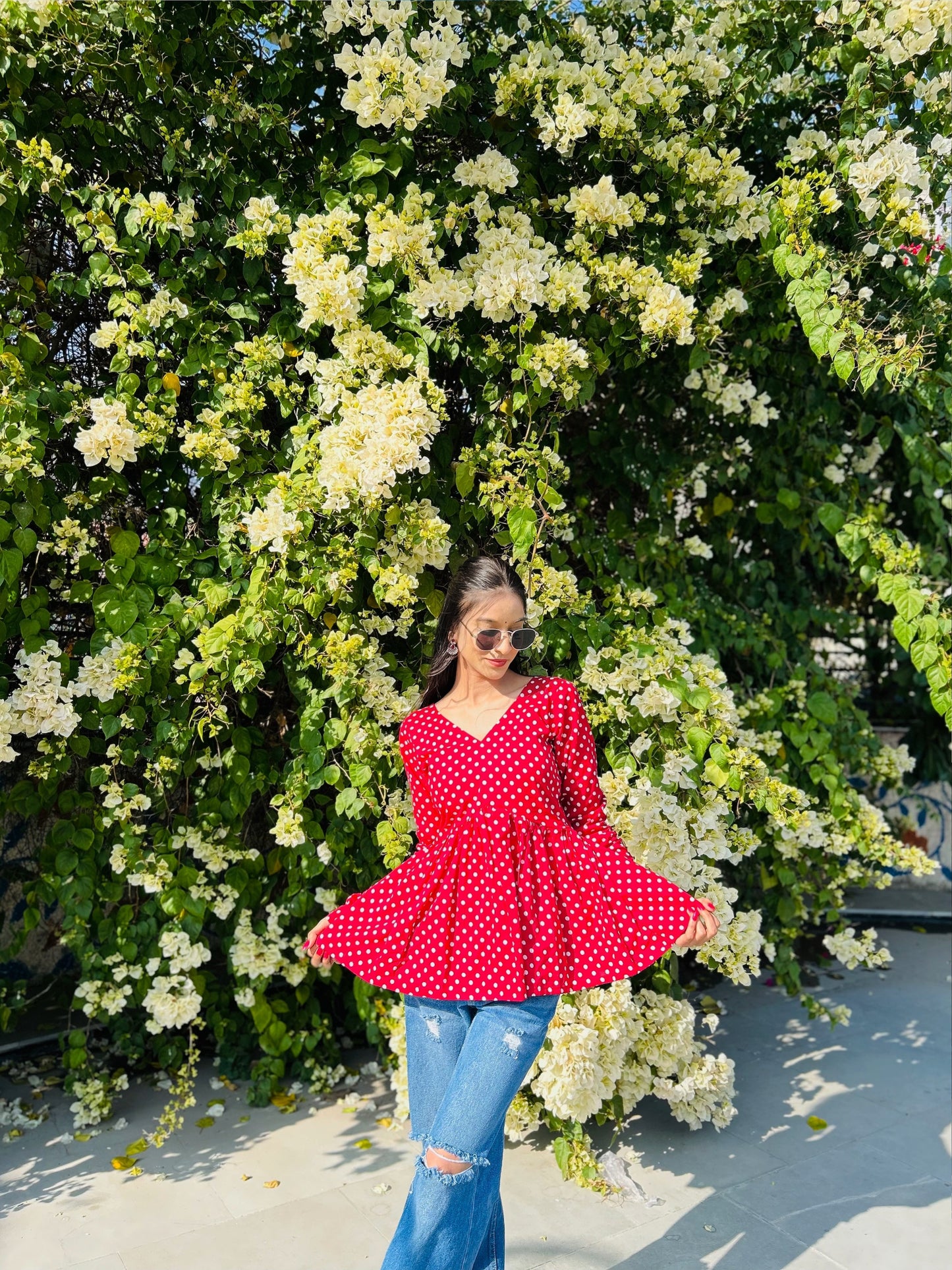 Maroon Polka Dot Peplum Short Kurti