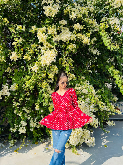 Maroon Polka Dot Peplum Short Kurti