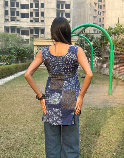 Indigo Patchwork Sleevless Short Kurti