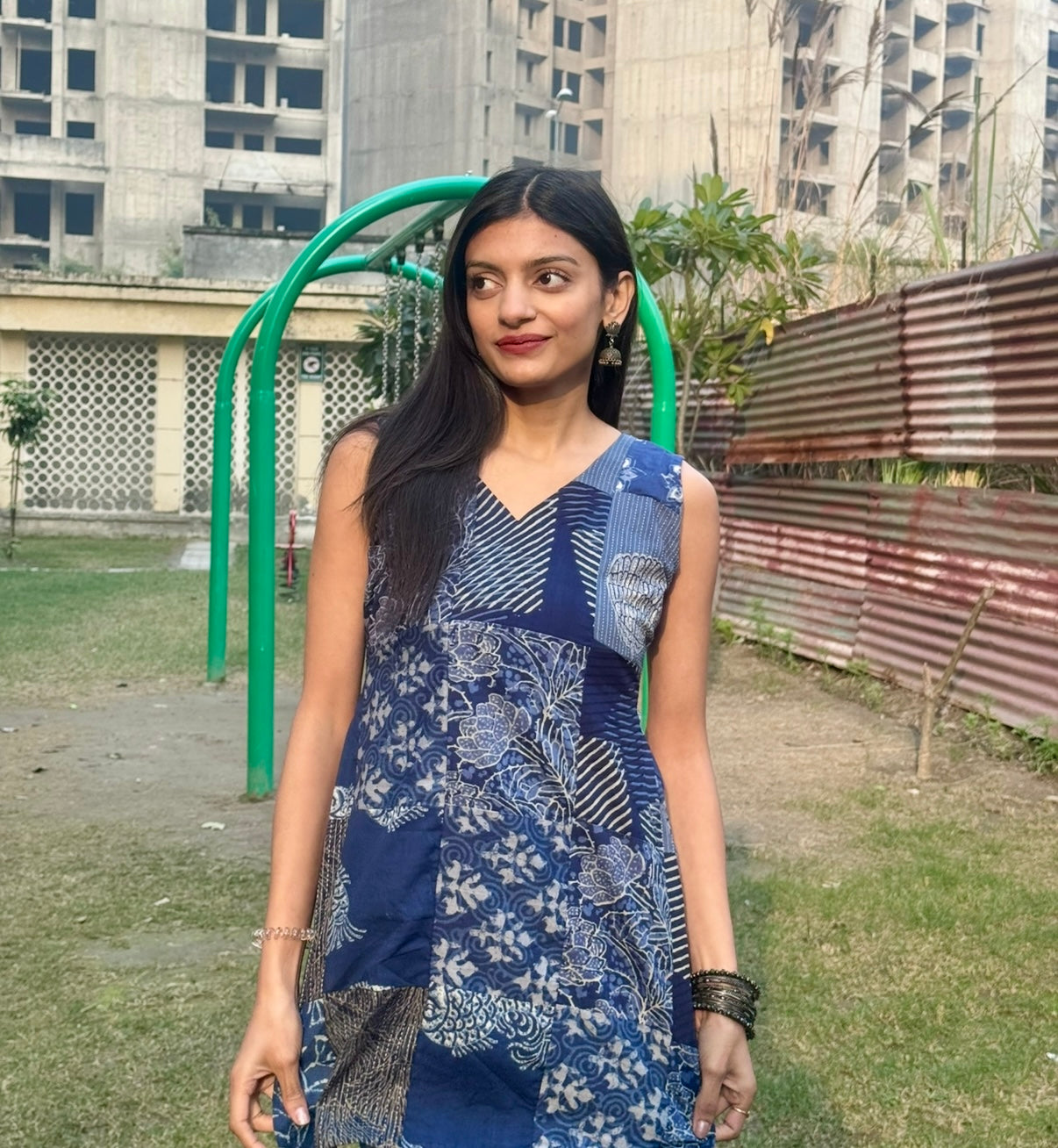 Indigo Patchwork Sleevless Short Kurti