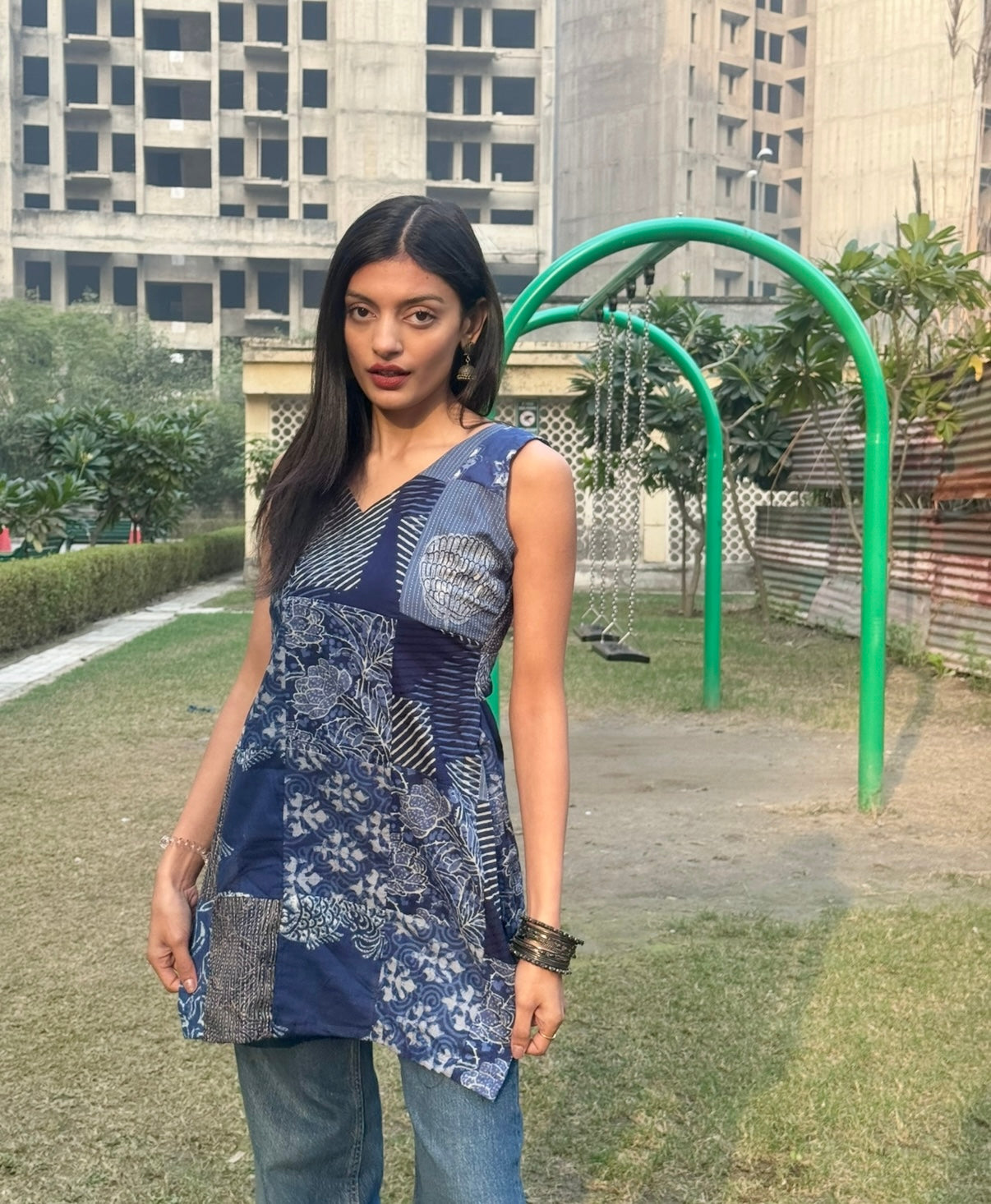 Indigo Patchwork Sleevless Short Kurti