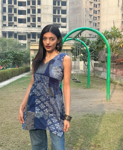 Indigo Patchwork Sleevless Short Kurti