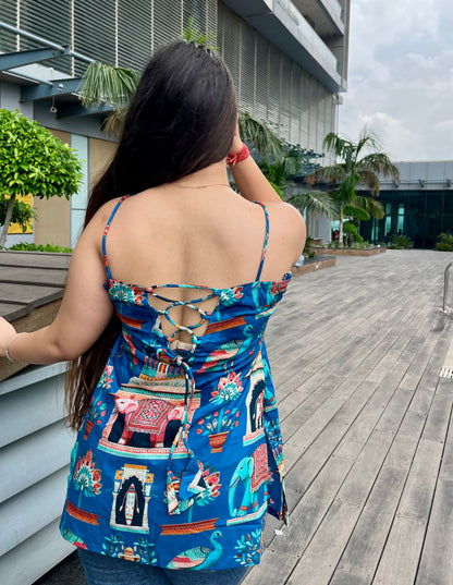 Blue Mor Strappy Backless Short Kurti